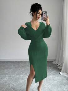 Chiquease 独特设计蕾丝边针织毛衣裙，优雅腰部收腰开摆连衣裙 - 綠色 - 查看 6
