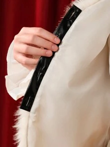 SHEIN MOD Chaqueta abultada con cuello en V sin mangas de contraste de PU color albaricoque, abrigo de piel blanco, abrigo esponjoso, abrigo de invierno para mujer, ropa de invierno para mujer