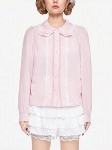 ROMWE Kawaii Women's Cute Lace Edge Bow Decor Blouse - Pink - View 2