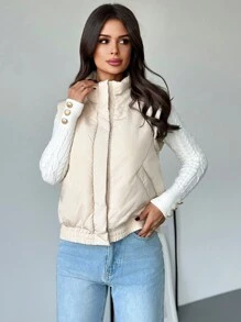 Firerie Áo vest cổ đứng có khóa kéo ấm áp thường ngày dành cho nữ, mùa thu/đông - Màu be - Xem 1