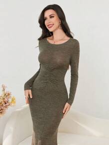 Modelyn Vestido largo con hombros descubiertos, frente fruncido y punto de canalé para mujeres, vestido largo de noche maxi para otoño/invierno