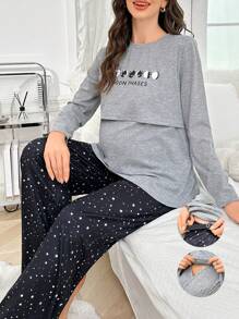 Pijama de lactancia de manga larga y pantalones largos con estampado de galaxia para maternidad