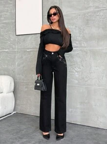 EURMUSE HIGH RISE WIDELEG GREY JEAN WITH DIAMOND - Black - View 4