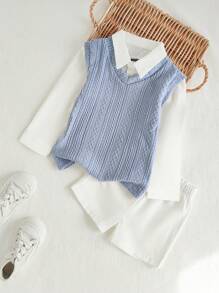 Souflis Souflis 2pcs Baby Boys/Toddlers Formal Classic Elegant Little Gentleman Academy Knitted Cable Vest Shirt Collar Mock Layered Top Shorts Set, White Shirt, Blue Vest, White Trousers