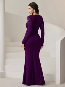 Veilorie Vrouwen ronde hals lange mouw gerimpelde taille splice flounce zeemeermin maxi elegante jurk met strass detail bescheiden