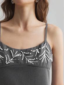 Ontre Grey Beaded Embroidery Sleeveless Dress, New Year & French Style Long Linen Slip Dress, Women's Long Dress, Grey Bead Embellished Sleeveless Dress For Autumn & Winter Clothing And Party Dress