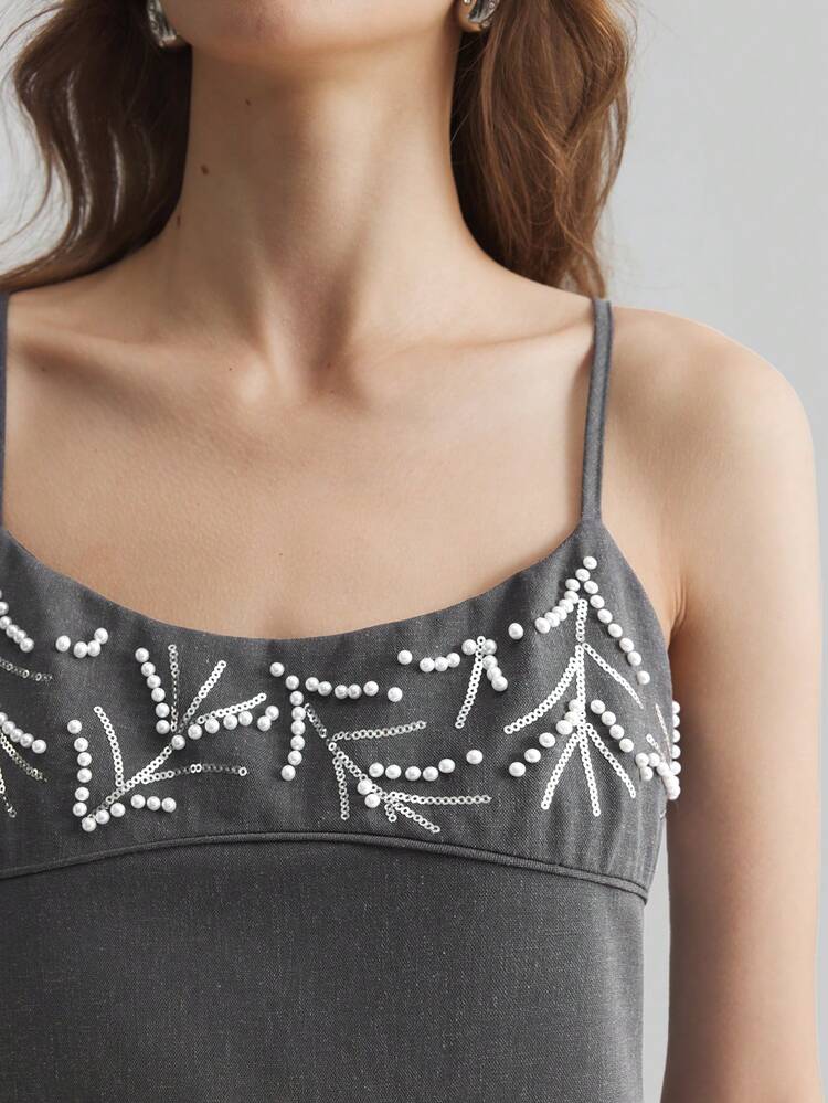 Women's Grey Beaded Embroidery Sleeveless Dress,French Style Long Linen Slip Dress,Gray Summer Elegent Vacation Holiday New Year Party Dress