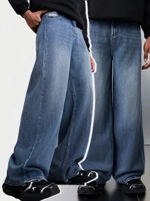 SHEIN Teen Boy Fashion Casual Vintage Blue Cut Out Ripped Frayed Design Comfortable And Simple Baggy Wide-Leg Denim Jeans Boys Cool Outfit/Boys Thanksgiving Outfit For Boys Costume Dailywear And Fall/Winter Teen Boy Clothes