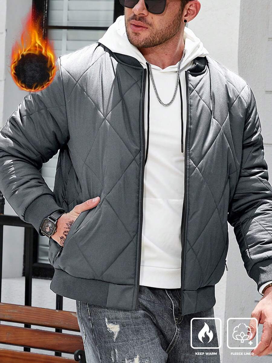 Manfinity Homme Manteau d'hiver pour homme grande taille à manches longues, de couleur unie, avec poches et fermeture éclair doublé - Gris - Voir 1