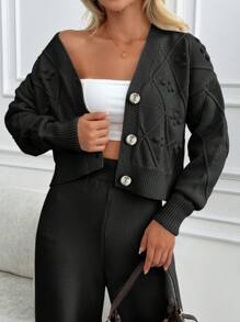 EURMUSE 2pcs Women's Autumn/Winter Cable Knitted Cardigan And Elastic Waist Pants Set - Black - View 3