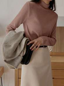 DAZY Women's Casual Solid Color Stand Collar Thermal Lined Basic T-Shirt, Autumn/Winter Long Sleeve Women Tops,Fall Women Clothes Turtleneck Women - Rose Red - View 6