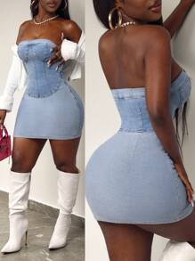 Slaydiva 女士牛仔抹胸连衣裙，紧身性感简约休闲日常穿着 - 藍色 - 查看 1