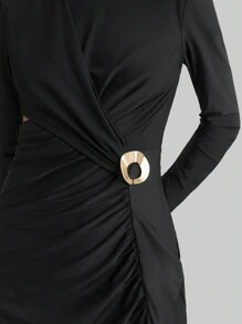 Ontre Long Sleeve Knit Dress, Material, Women's Clothing 2025 New Spring Collection, Black Color V-Neck Long Sleeve High Slit Elegant Sexy Dress, Women's Spring/Summer Clothing, Metal Decor - Black - View 2