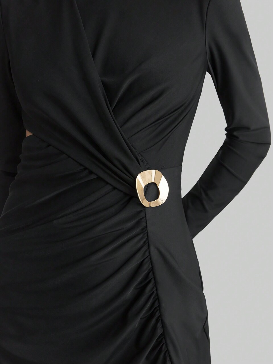 Women's Black Elegant Long Sleeve Knit Dress,2025 New Spring Autumn V-Neck High Slit Dining Dress,Metal Decor Fashion Clothing For Spring/Summer