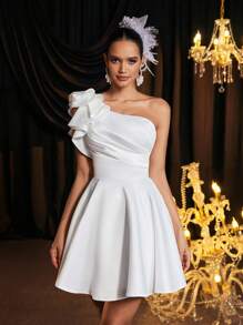 SHEIN Belle Elegant Luxurious One Shoulder Ruffle Asymmetric Dress With Tie Back, Suitable For Wedding, Party, Vacation, Bridal, Gift, Bridal Shower Dress,Bride