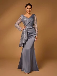 Serin 优雅闪亮灰色亮片缎面 V 领褶皱鱼尾婚礼派对新娘母亲晚礼服 - 灰色 - 查看 6