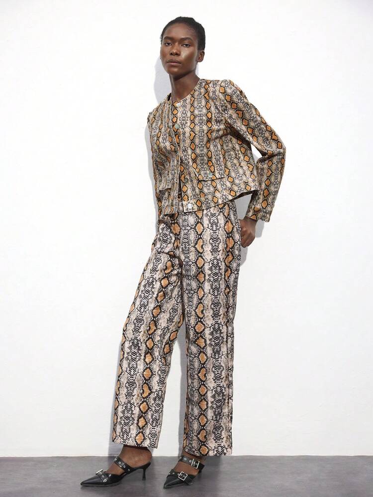 SHEIN Maija Pantalon de style urbain à la mode pour femmes avec imprimé peau de serpent brun, boutonnage devant, taille élastique et poches latérales, pour l'automne/hiver et le style western
