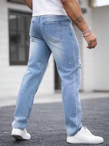 Manfinity Homme 男式浅蓝色修身直筒洗水牛仔裤 - 淺色水洗藍 - 查看 2