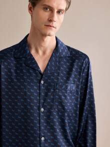 EverLounge 男士种马印花翻领长袖单排扣上衣和长裤家居服套装 - 藍色 - 查看 2