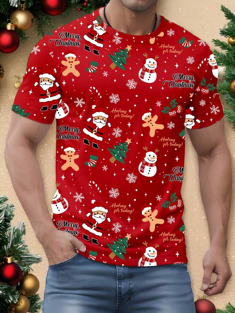 Manfinity Homme Manfinity Men's Christmas Slogan & Snowman Print Round Neck Short Sleeve Casual T-Shirt