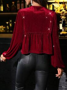 SHEIN Clasi Women's Glitter Velvet Front Tie Halter Blouse For Festive Party, Autumn/Winter Women Shirt Fall Cloth For Women - Burgundy - View 2