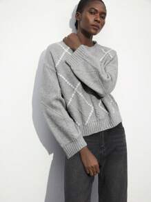 Maija Women's Lace Trim Colorblock Gray Pullover Sweater, Warm & Versatile For Autumn/Winter