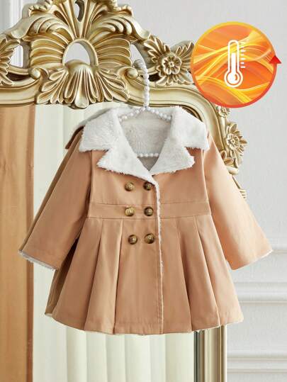 SHEIN Babygirl Autumn/Winter Brown Elegant Simple Thicken Long Jacket, With Fashionable Minimalist Design, Warm And Comfortable Fabric, Suitable For Outings, Casual Wear, Sports And Party Occasions, Showcasing Unique Charm
