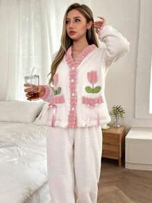 Dream Adore Pocket Bowknot Tulip Embroidery Contrast Trim Long Sleeve Pajama Set For Women