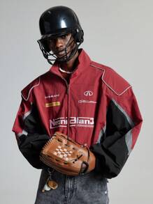 NEON BLANC Giacca con collo alto, a maniche lunghe, con chiusura lampo, rossa e nera, tessuta a mano, giacca da baseball leggera con grafica di moda, in stile rappera, per amici, mariti, regali per il fidanzato