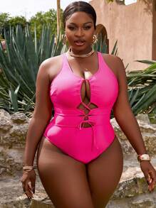 SHEIN Slayr CURVE Plus Size Solid Color Hollow Out Drawstring One-Piece Swimsuit, Summer Beach - Hot Pink - View 3