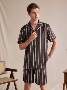EverLounge Men Striped Print Band-Collar Short Sleeve Single-Breasted Top And Shorts Pajama Set - Multicolor - View 5