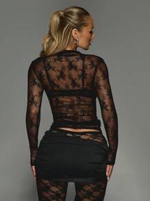 MISSGUIDED Delicate Floral Lace Long Sleeve Mesh Top Transparent High Neck Layering Evening Party Holiday Festival Club Wear Fall Winter Clubbing Night Out - Black - View 2