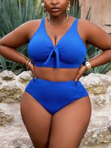 SHEIN Slayr CURVE Plus Size Solid Color Jacquard Fabric Swimwear Set Summer - Blue - View 4