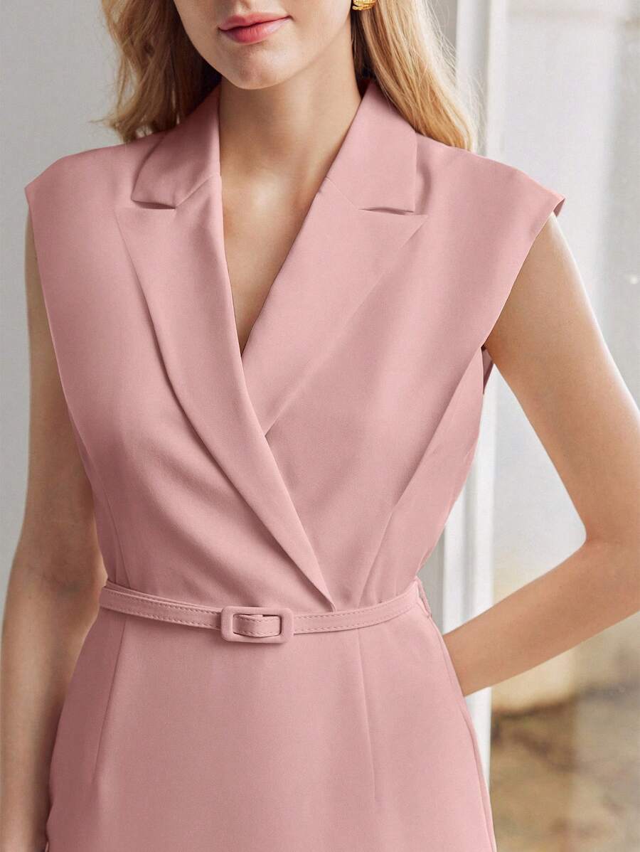 MOTF PREMIUM LAPEL COLLAR SLEEVELESS SPLIT HEM DRESS - Pink - View 2