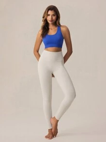 Lifespree Simple Solid Color Seamless High Elastic Sports Leggings - Beige - View 4