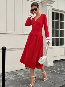 SHEIN Unity Vestido elegante de manga larga con cuello en V, de estilo de parche de encaje floral en forma de línea A, para la primavera/otoño como atuendo de Año Nuevo para mujeres, vestido largo - Rojo - Ver 6