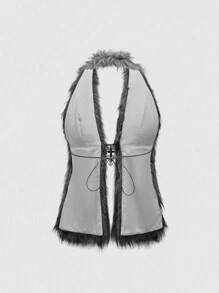 ROMWE Grunge Punk Milenium Y2K Halter Neck Sexy Vintage Fur Collar Cross Pendant Tank Top For Women