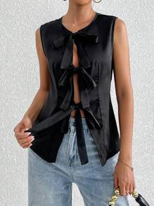 INAWLY Ladies' Sleeveless Bow Decor Hollow Design Round Neck Elegant Blouse - Black - View 4