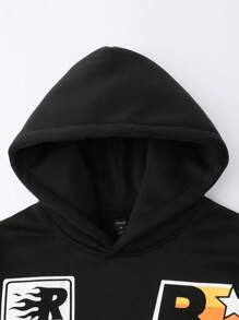 ROMWE MEN Street Life Men's Letter Print Loose Cropped Hoodie Sweatshirt, Street Style For Autumn/Winter - Black - View 9