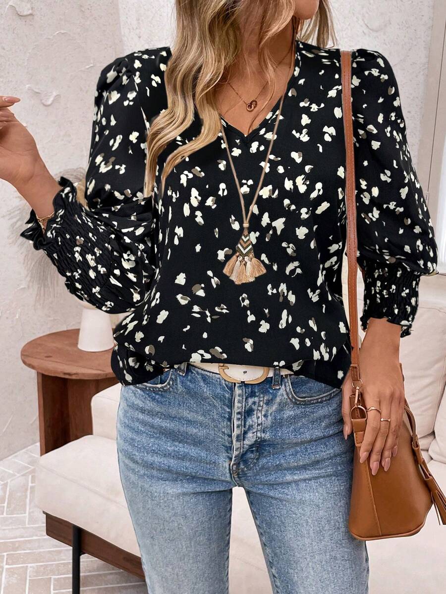 EMERY ROSE Women's Casual Allover Print Puff Sleeve Blouse, Autumn - Black - View 1