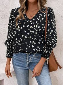 EMERY ROSE Women's Casual Allover Print Puff Sleeve Blouse, Autumn - Black - View 6