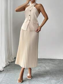 SHEIN Unity 2pcs Set: Criss-Cross Halter Vest Top With Classic Pleated A-Line Skirt - Apricot - View 6