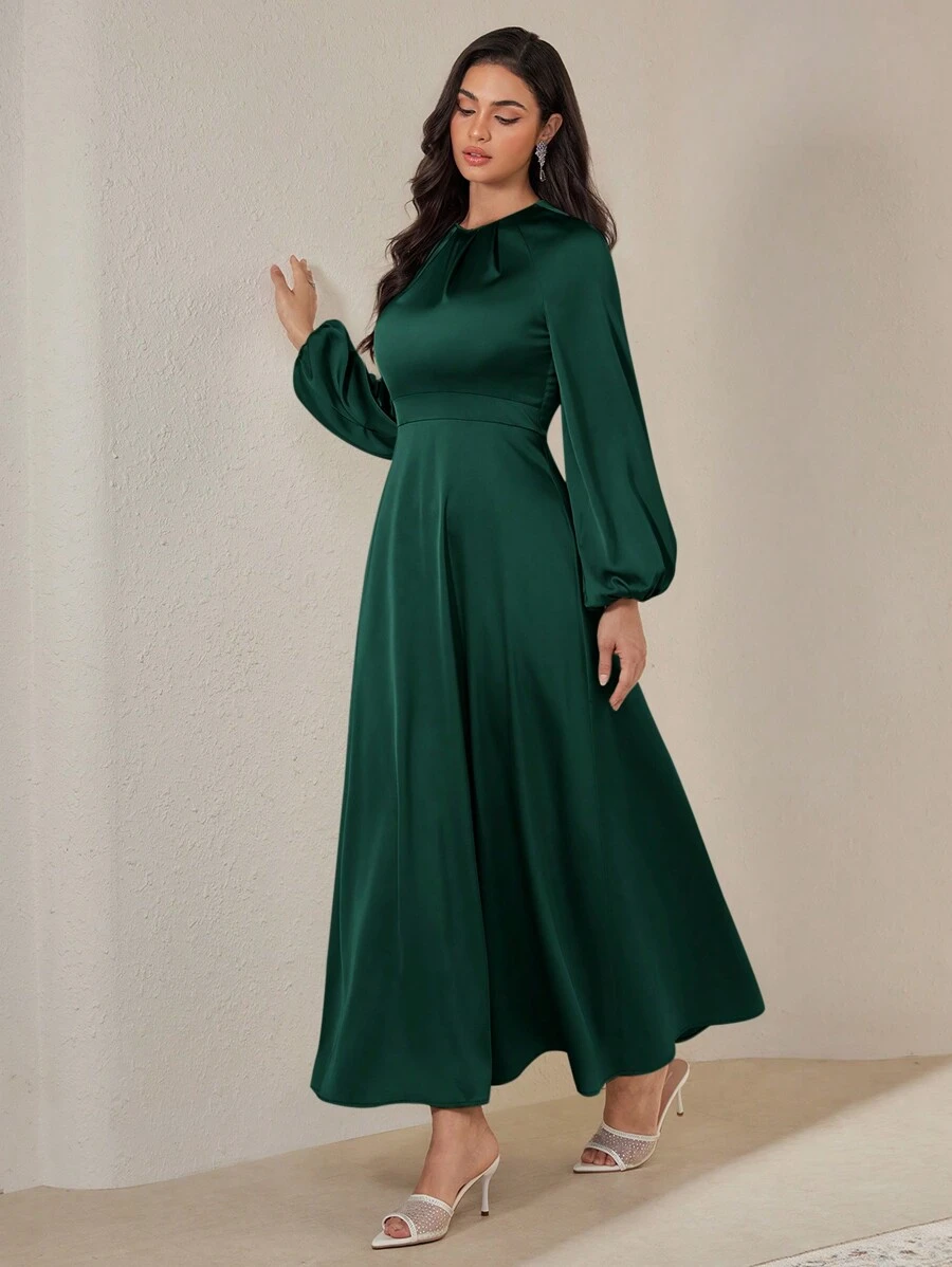 Veilorie Đầm thường ngày xếp ly phía trước tay dài cổ tròn trơn dành cho nữ, kín đáo - Màu xanh lá cây đậm - Xem 1