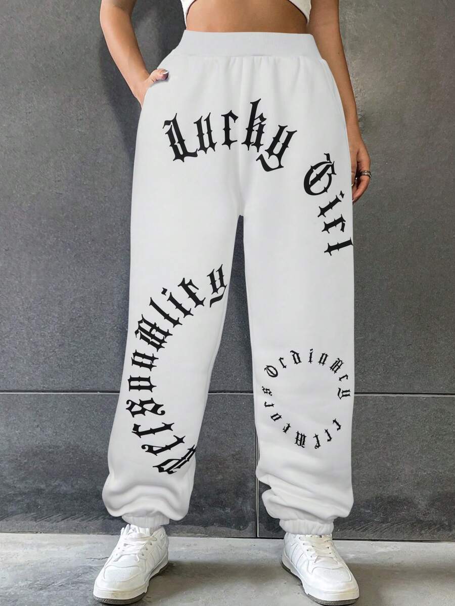 SHEIN Explorewe Tween Girls Asymmetrical Text Print Sweatpants - White - View 1