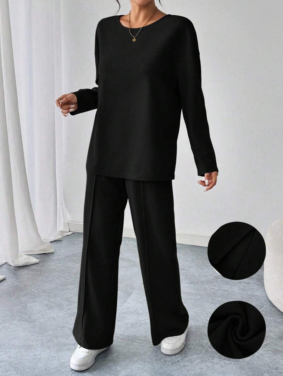 SHEIN LUNE 2pcs/Set 25+ Casual Sports Textured Sweatshirt And Pants Set - Black - View 1