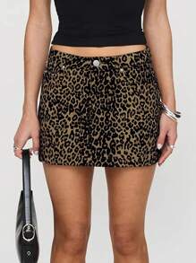 Women's Fashionable Super Sexy Leopard Print Mini Denim Skirt, Summer - Brown - View 5