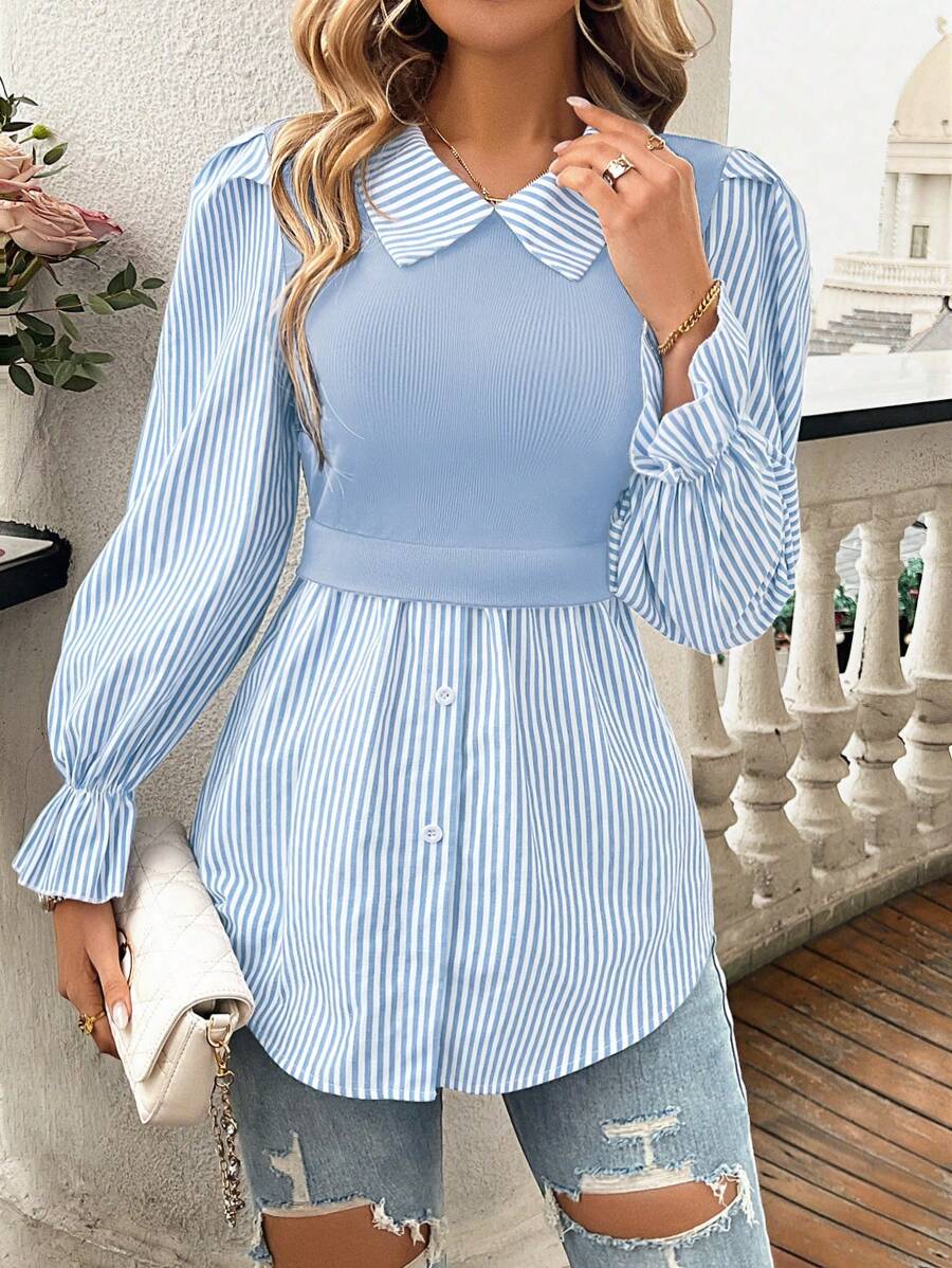 EMERY ROSE Women's Casual Striped Patchwork Puff Sleeve 2 In 1 Top, Spring Autumn Fall Cloth For Women - Baby Blue - View 1