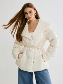 Enchnt 女士冬季白大衣，长袖蓬松领带补丁蓬松厚外套，秋季女装，女士冬季外套，感恩节 - 奶油色 - 查看 8