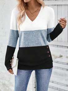 SHEIN LUNE Women Casual Colorblock Long Sleeve T-Shirt, Autumn - Baby Blue - View 1