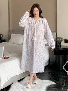 DAZY 女士扎染印花灯笼袖宽松睡袍（带领带） - 灰色 - 查看 3
